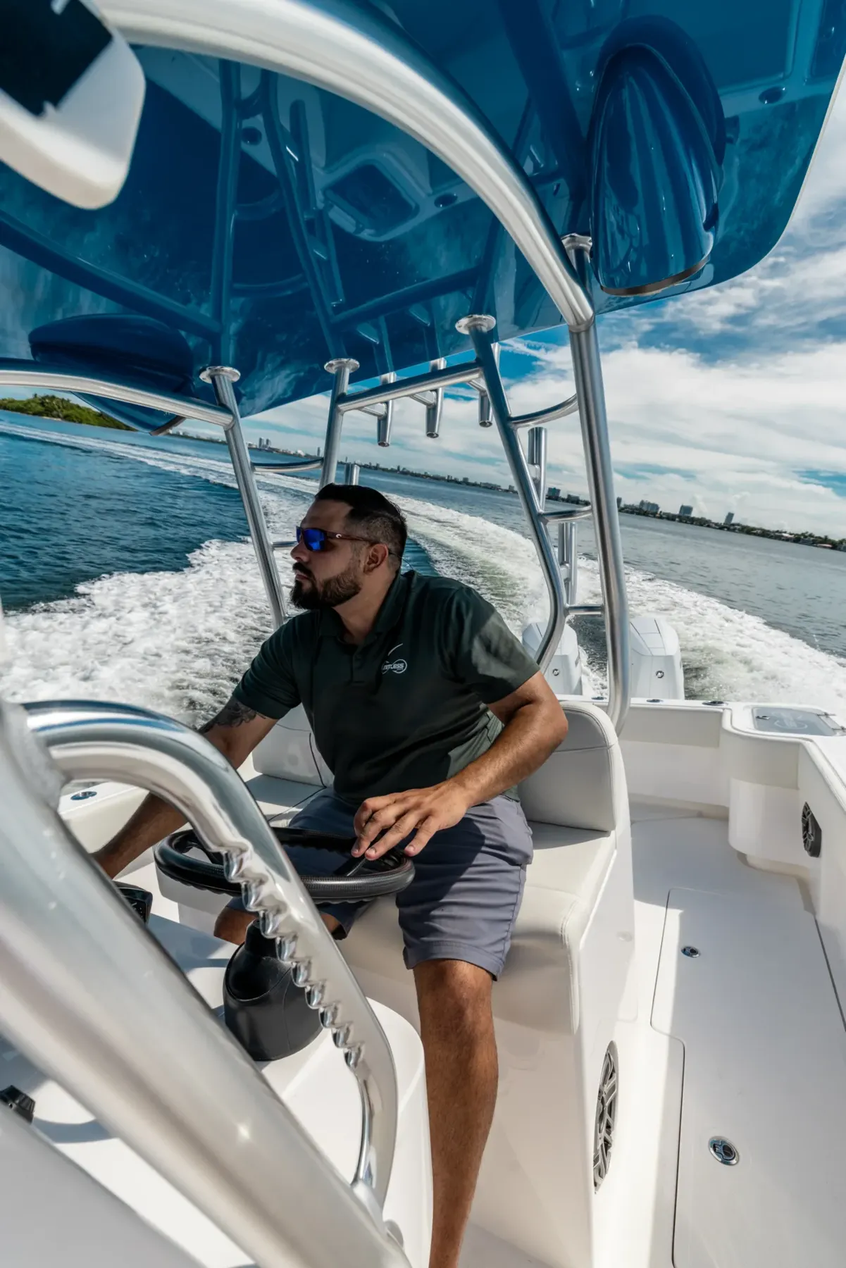 Owner at the wheel of a Limitless 320