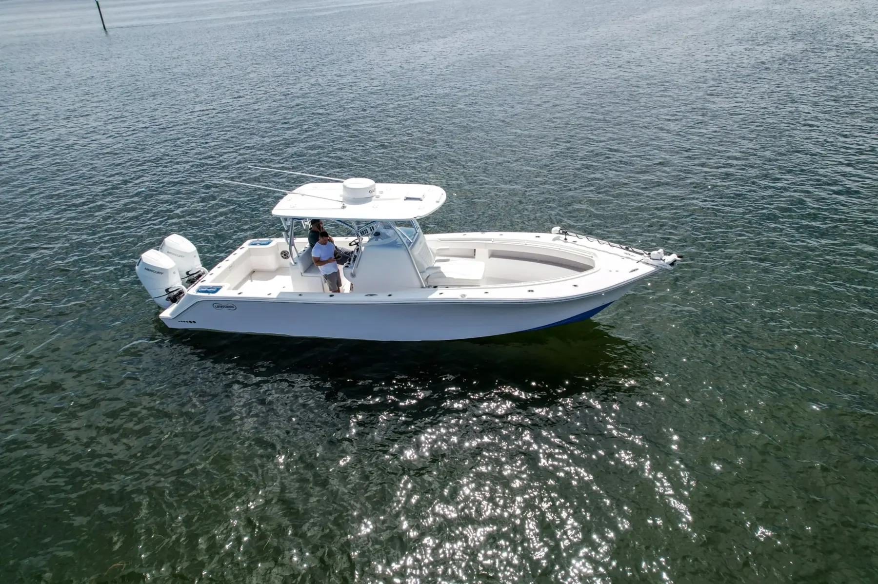 Aerial view of the Limitless Model 320 on Biscayne Bay