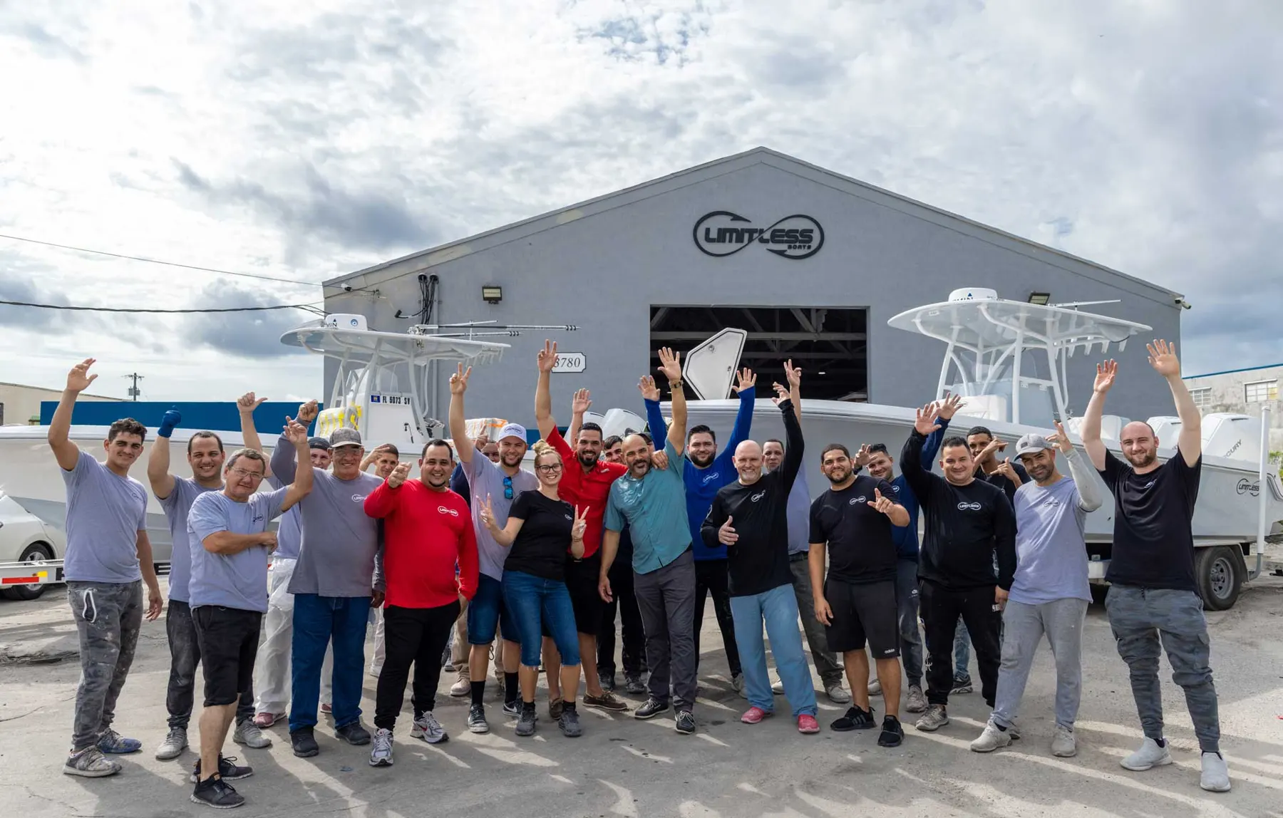 The Limitless Boats crew outside the Miami factory